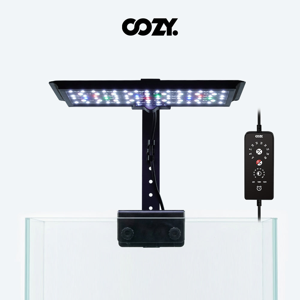 Aquarium light with control panel on a white background, featuring the Oozy brand.