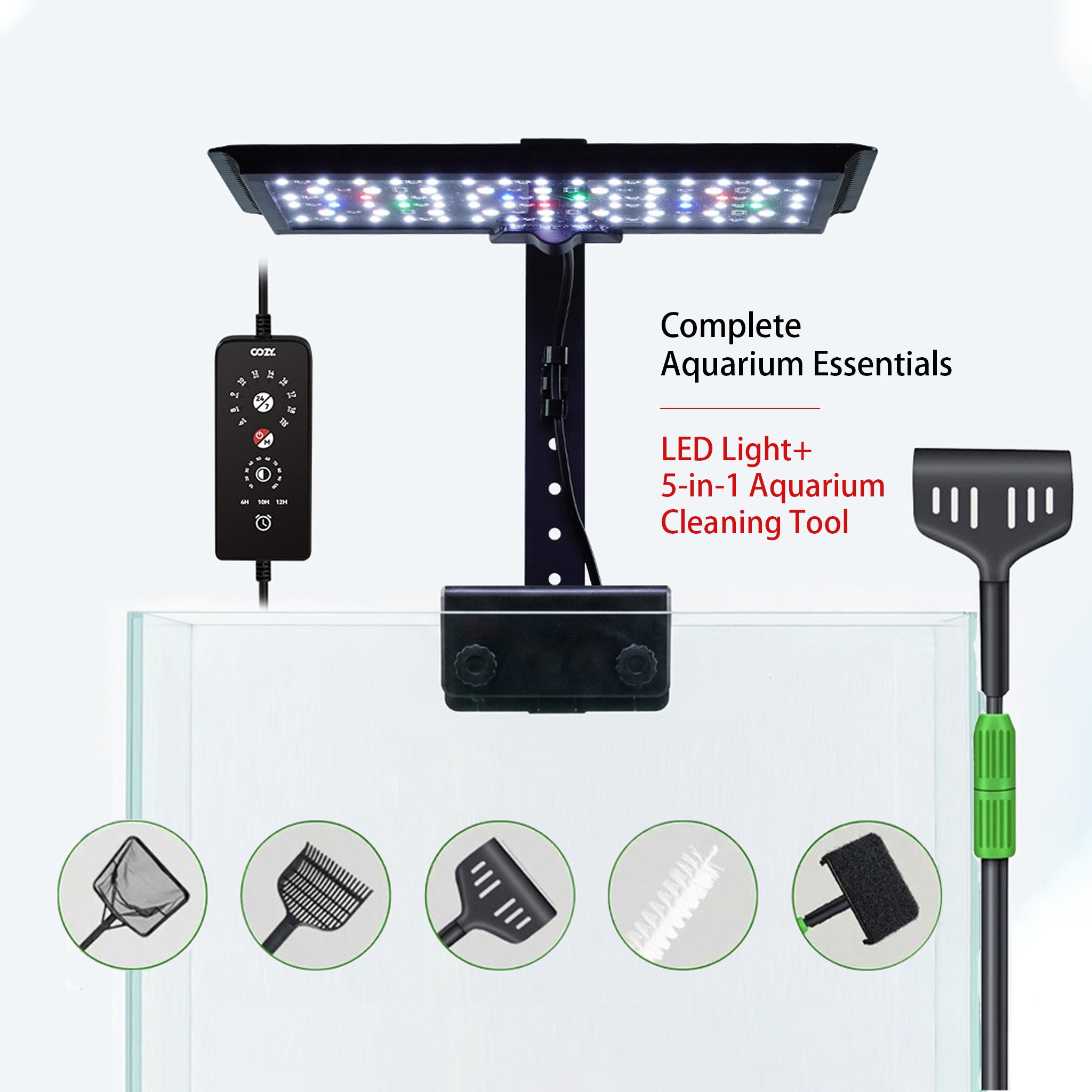 OOZY Fish Tank Aquarium Bundle: Auto 24/7 LED Lighting + 5-in-1 Cleaning Tool Kit