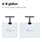 Two glass aquarium tanks with labels indicating 6-gallon and 8-gallon capacities on a white background.