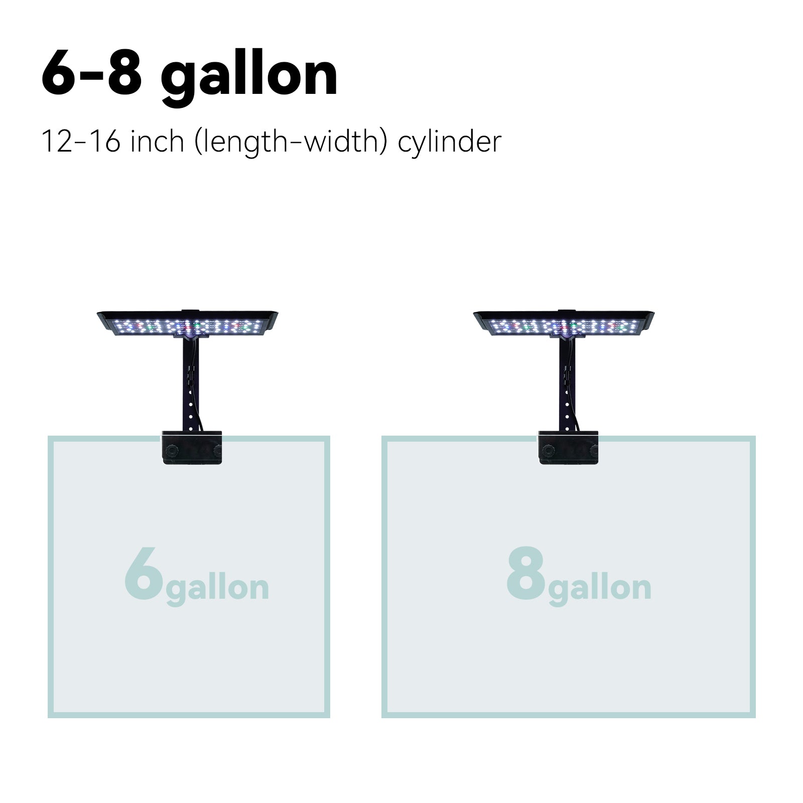 Two glass aquarium tanks with labels indicating 6-gallon and 8-gallon capacities on a white background.