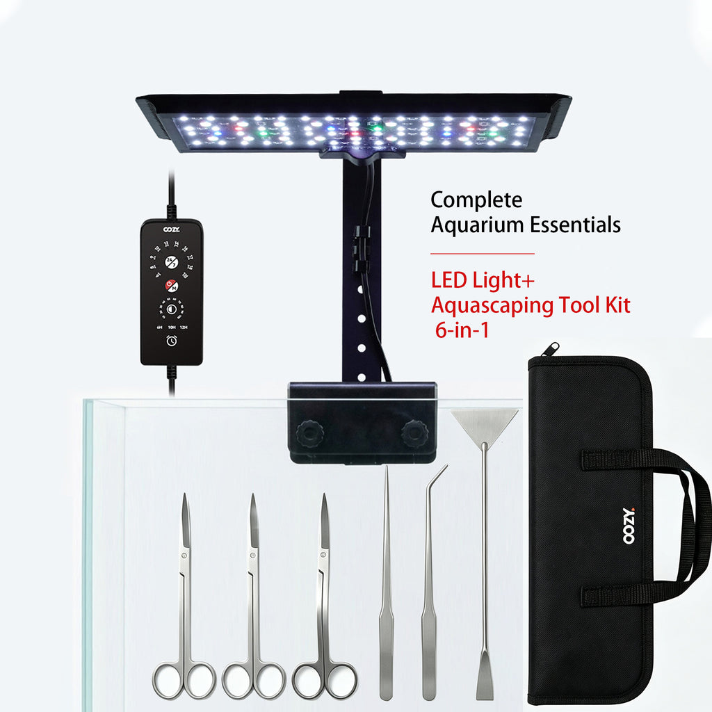 OOZY Fish Tank Aquarium Bundle: Auto 24/7 LED Lighting + Aquascaping Tool Kit 6-in-1