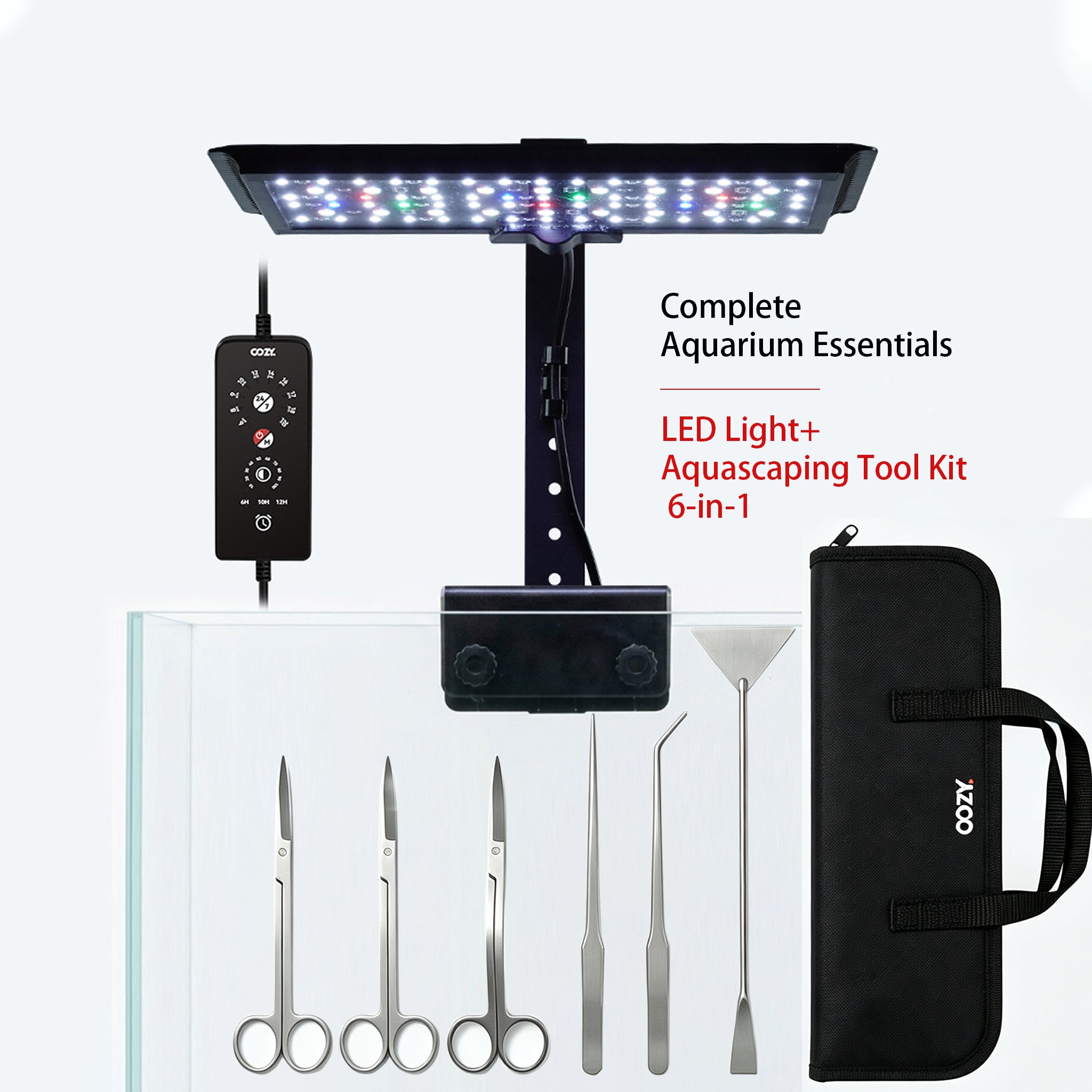 OOZY Fish Tank Aquarium Bundle: Auto 24/7 LED Lighting + Aquascaping Tool Kit 6-in-1