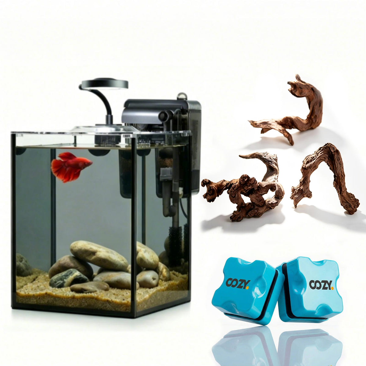 OOZY Complete Betta Aquarium Combo | NanoCubic TERRA Tank Kit + Pre-Treated Driftwood Landscape Pack