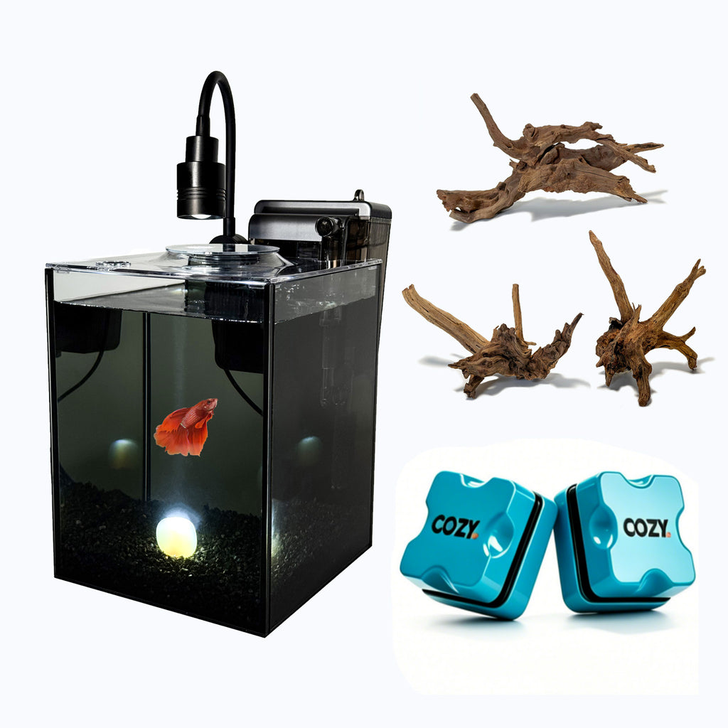 OOZY Complete Betta Aquarium Combo | NanoCubic COSMO Tank Kit + Pre-Treated Driftwood Landscape Pack