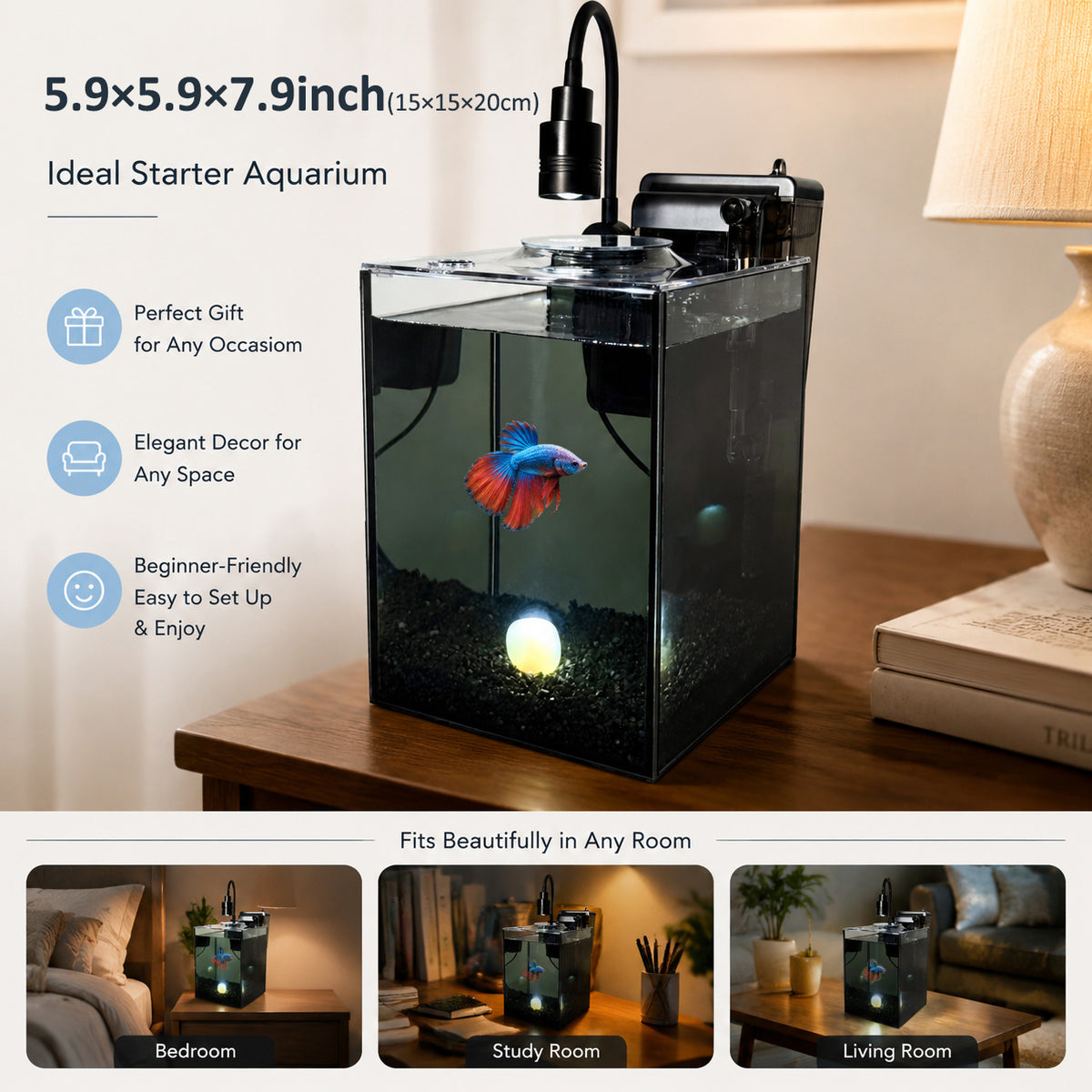 NanoCubic COSMO Betta Tank Kit | LED, Filter & Decor Starter Set | 1.2 Gallon Nano Aquarium Kit | OOZY